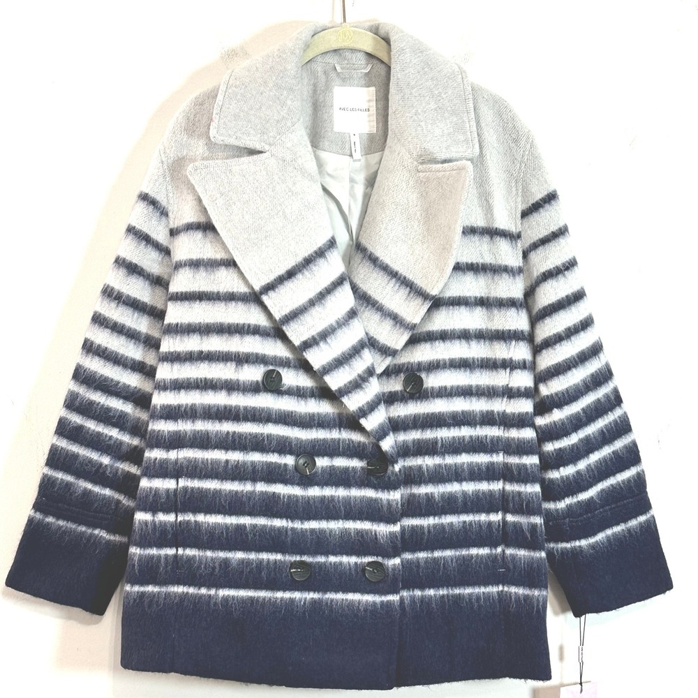 Avec Les Filles Womens Double Breasted Navy‎ Striped Wool Pea Coat Size Small
